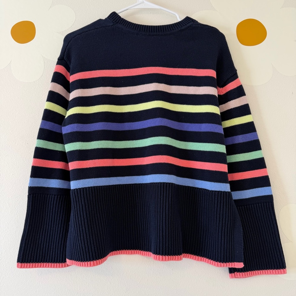 LIKE NEW GAP 100% Cotton Split-Hem Crewneck Sweater Navy and Multicolor Stripe - Picture 6 of 10